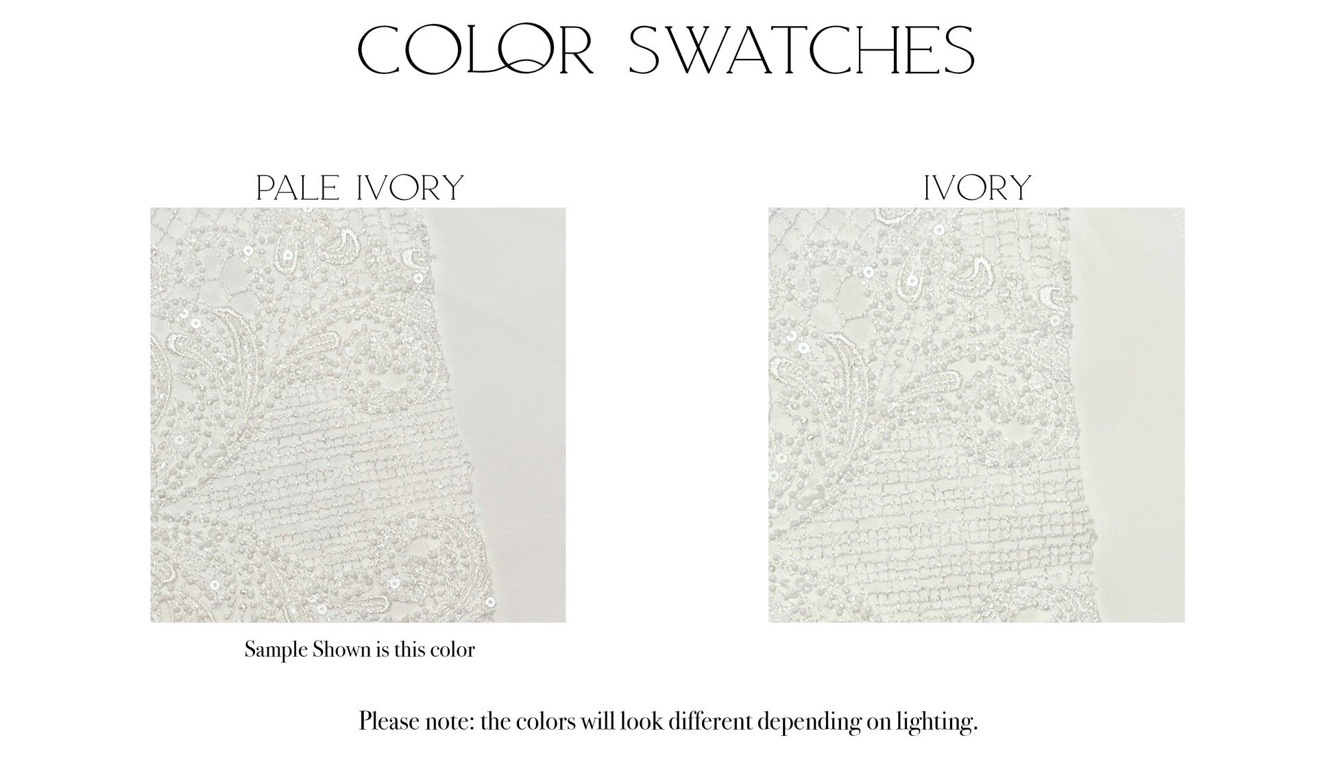 Fabric swatches of the two color options, ivory and pale ivory, for the Zuri gown.