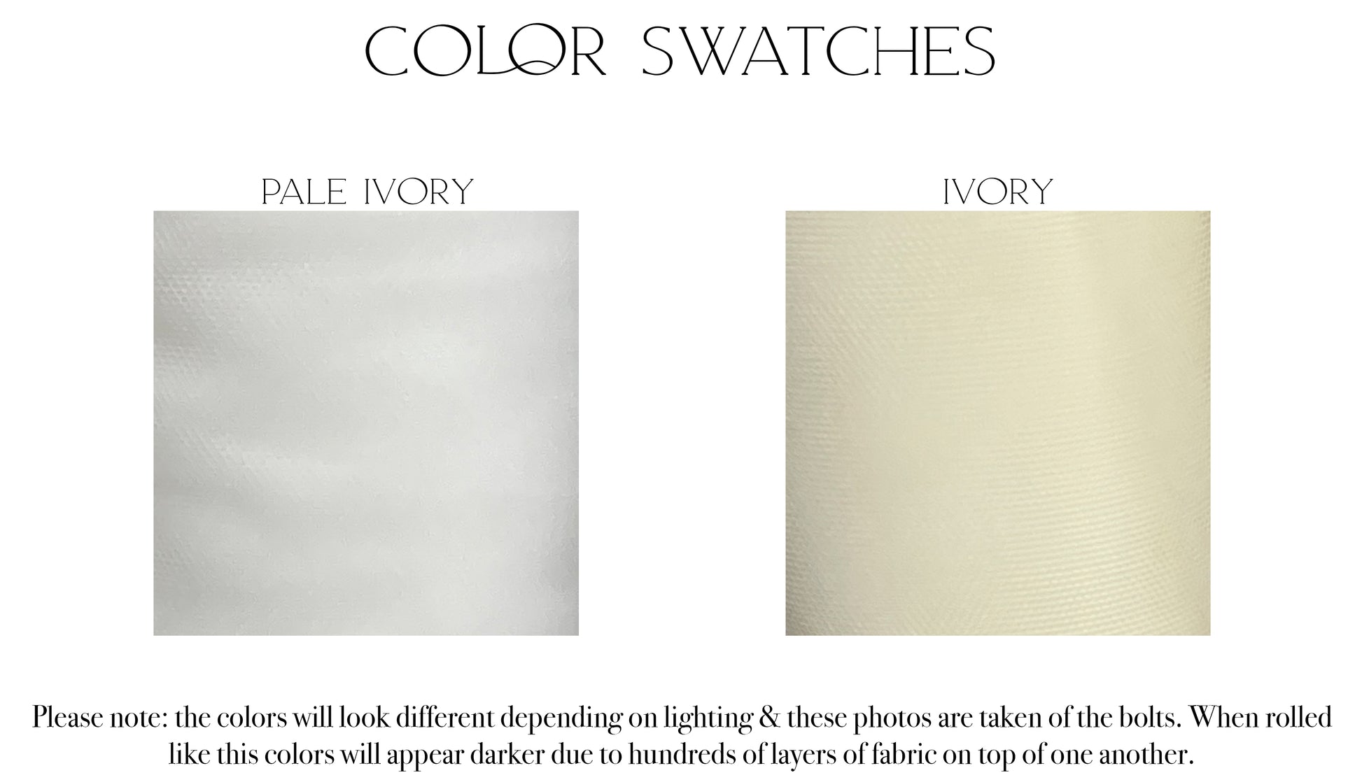 Fabric swatches of the two color options for the ireland veil tulle, ivory and pale ivory.