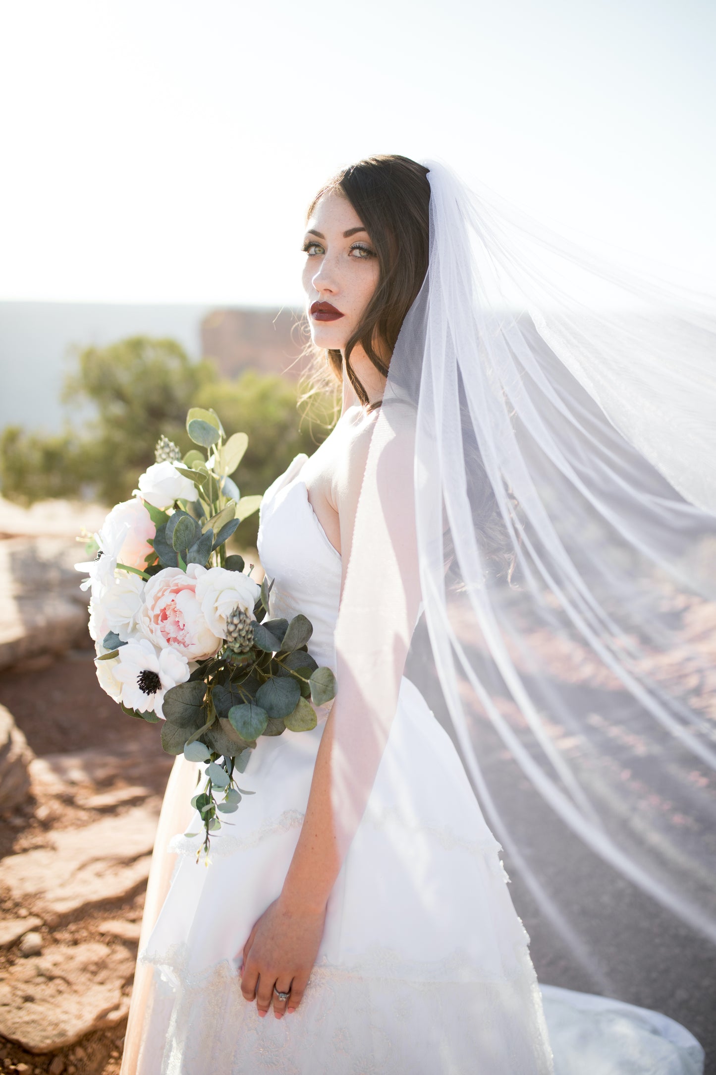A bride wears a ball gown, and a bridal veil. The bridal veil is the jane, made in oft tulle this wedding veil is extra light weight and is caught in the breeze in the image. 