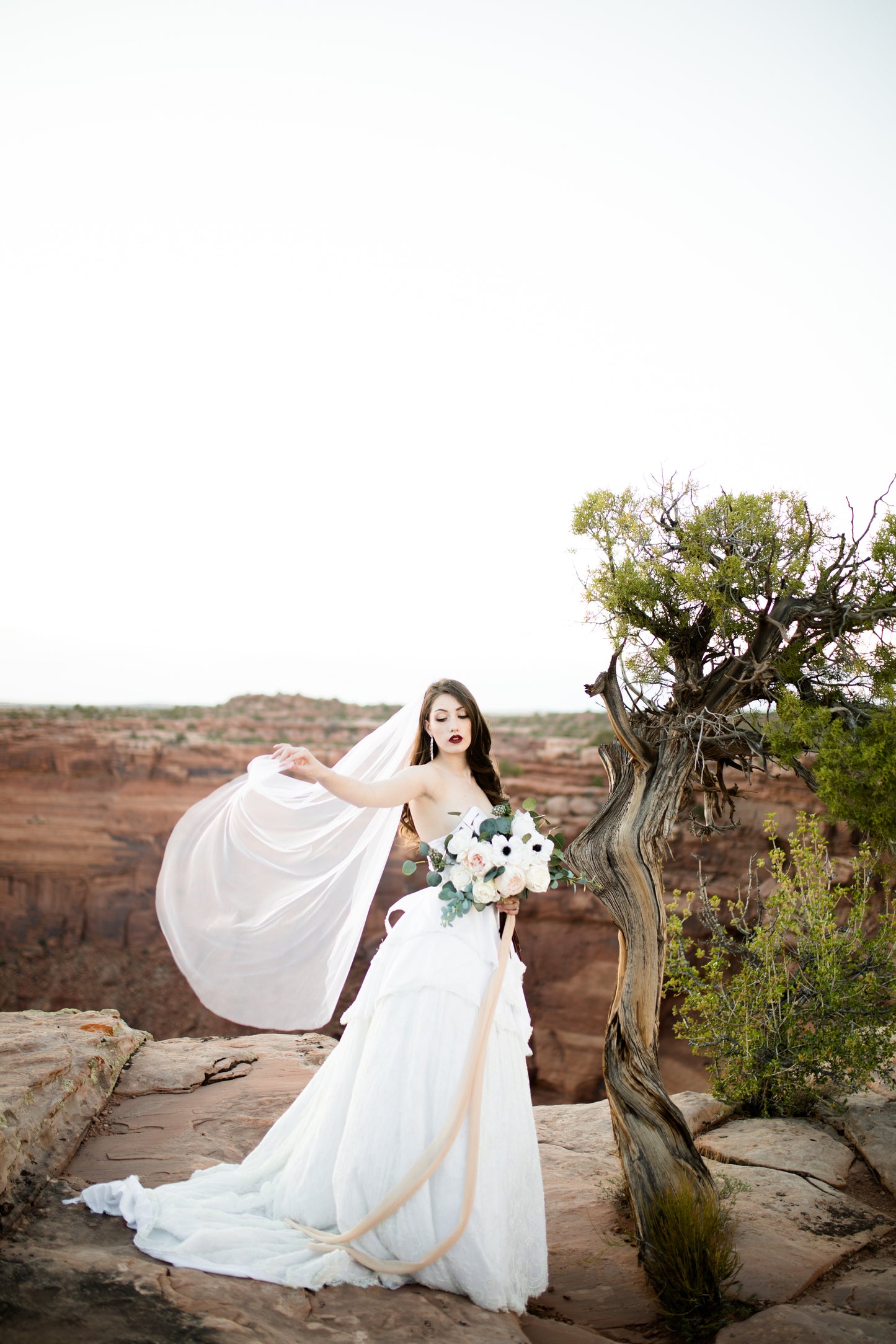 A full length photo of a bride in the desert wearing a layered ball gown and the waltz length veil Jane. The veil is mid air as the bride holds the tip and it is caught in the breeze. 