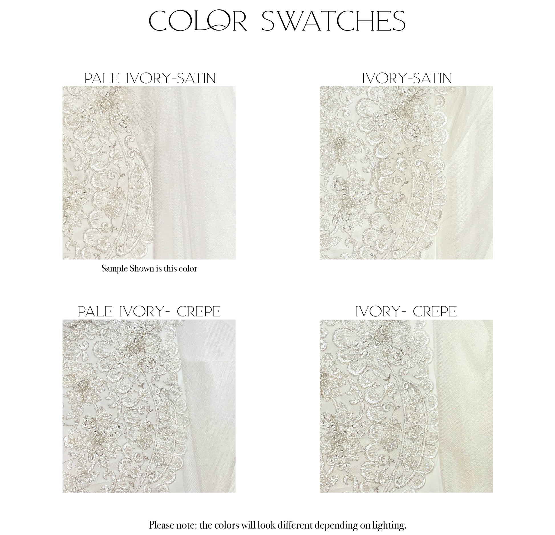 color and fabric swatches showing what the ava gown would look like in each colorway.