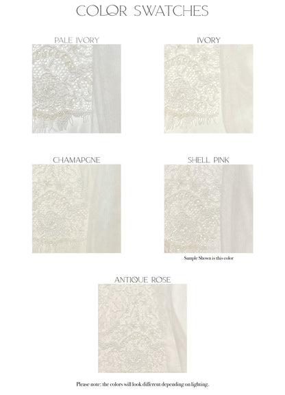 Fabric swatches of the five color options, ivory, champagne, shell pink, antique rose, and pale ivory, for the Eivissa gown.
