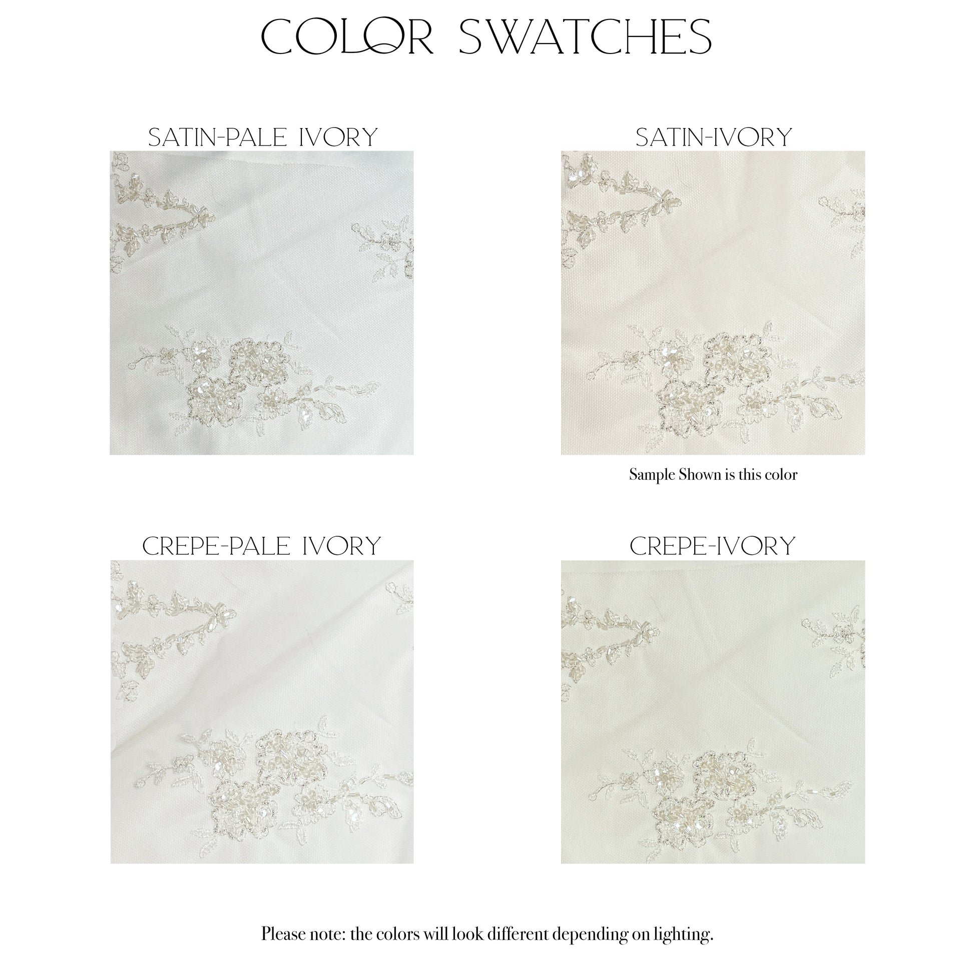 Fabric swatches of the four color and fabric options, satin pale ivory, satin ivory, crepe pale ivory and crepe ivory, for the Emma gown.