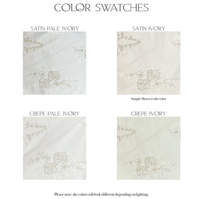 Fabric swatches of the four color and fabric options, satin pale ivory, satin ivory, crepe pale ivory and crepe ivory, for the Emma gown.