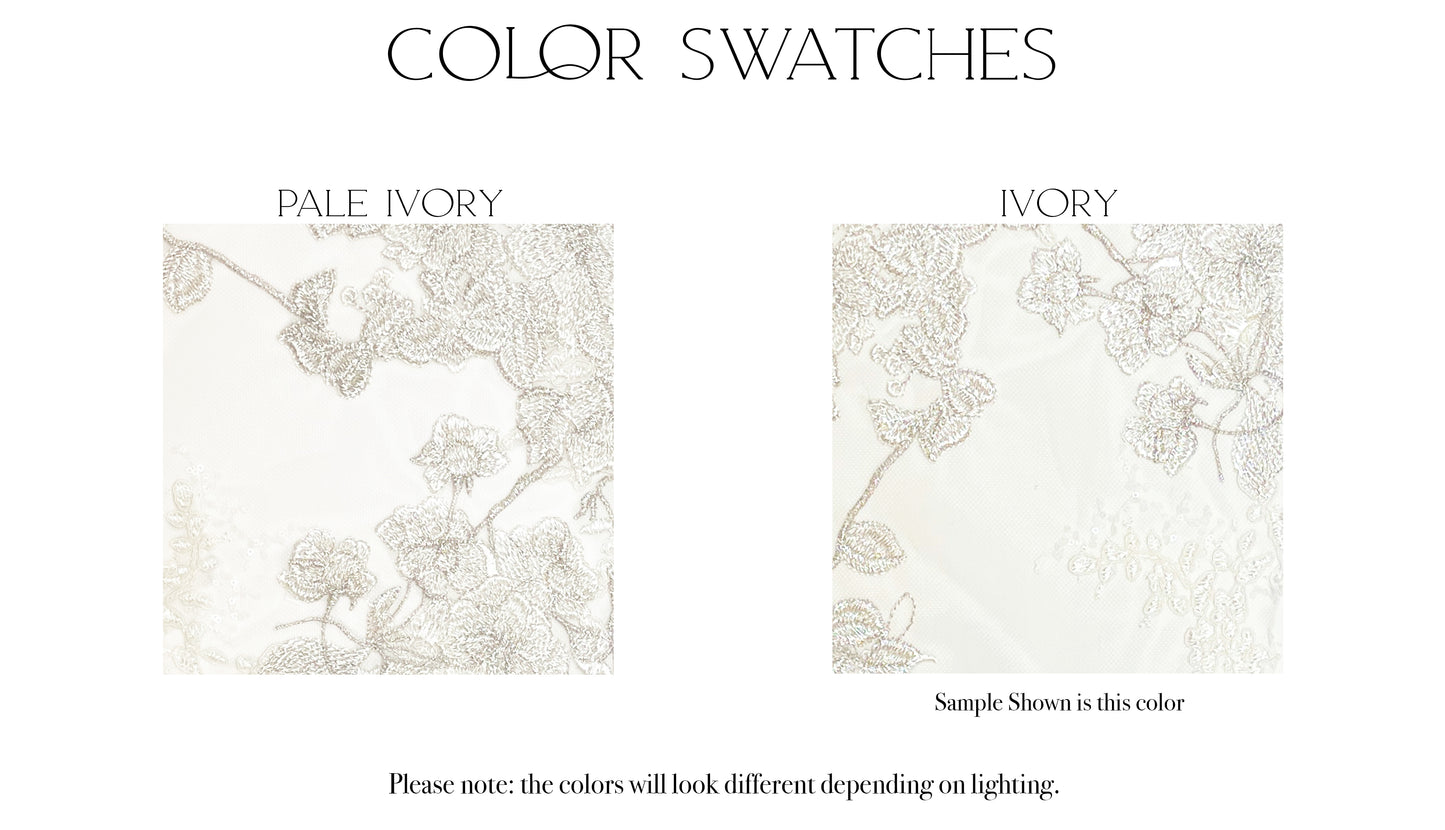 Fabric swatches of the two color options, ivory and pale ivory, for the giselle gown.
