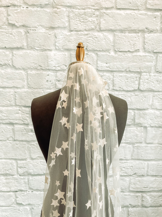 Nova veil's celestial sequin stars on sheer ivory tulle fabric