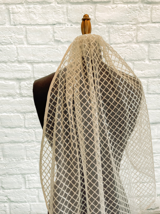 A close up photo of the Gloria wedding veil with sequined diamond pattern and ribbon edge. 