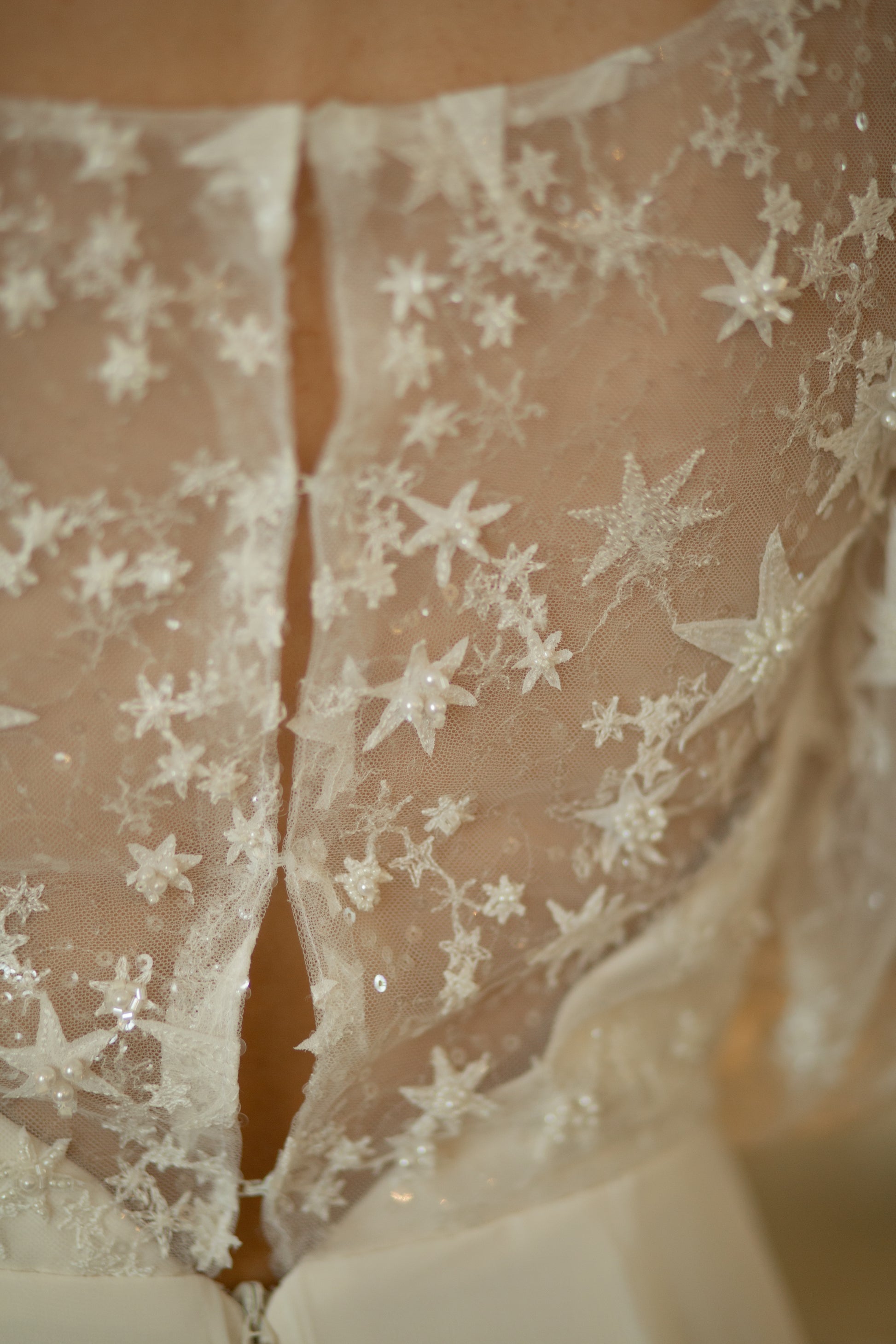 Embroidered celestial lace on Novelli gown with sequin constellation accents