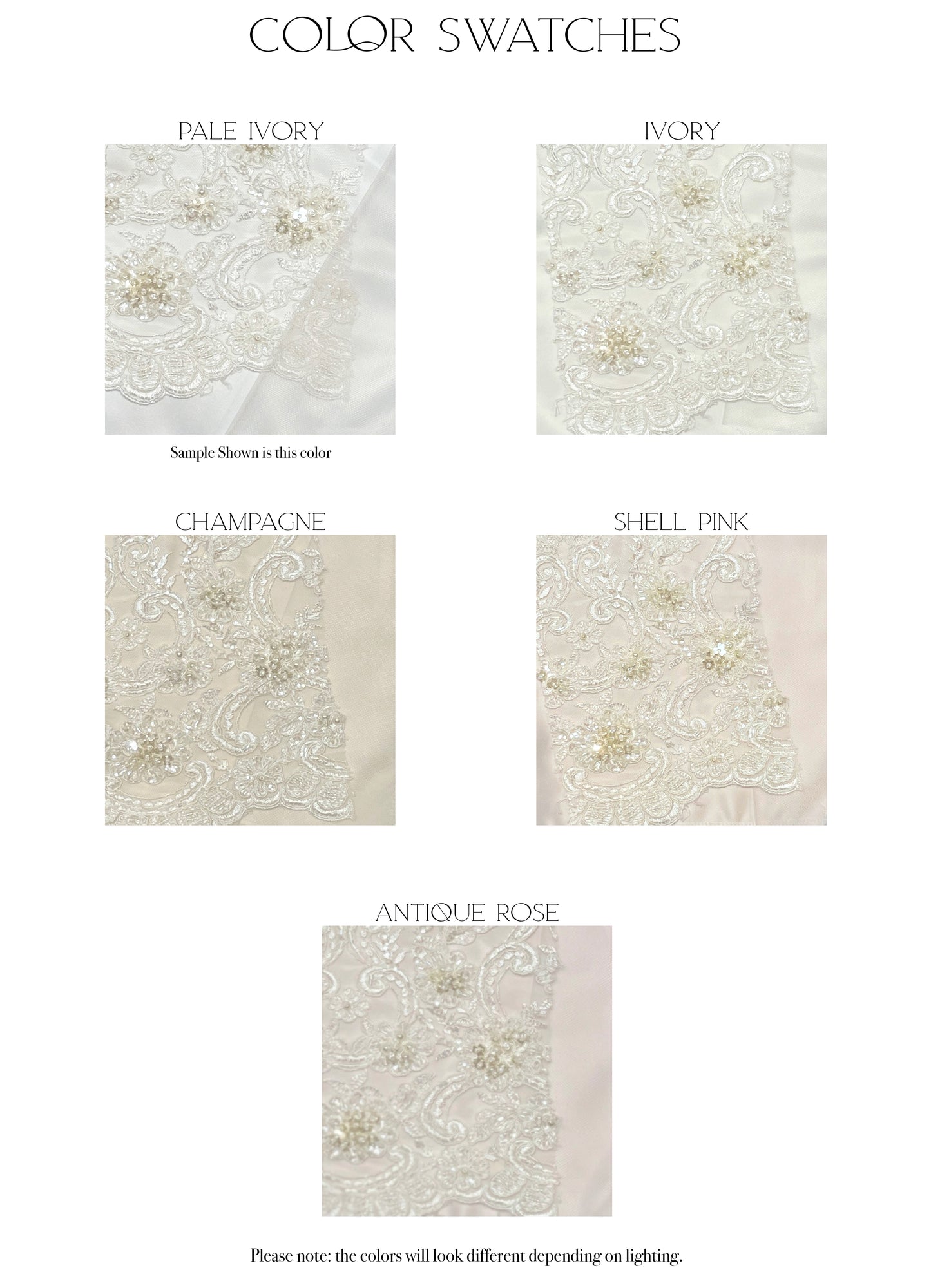Fabric swatches of the five color options for the Kennsington gown, pale ivory, ivory, champagne, shell pink, and antique rose.