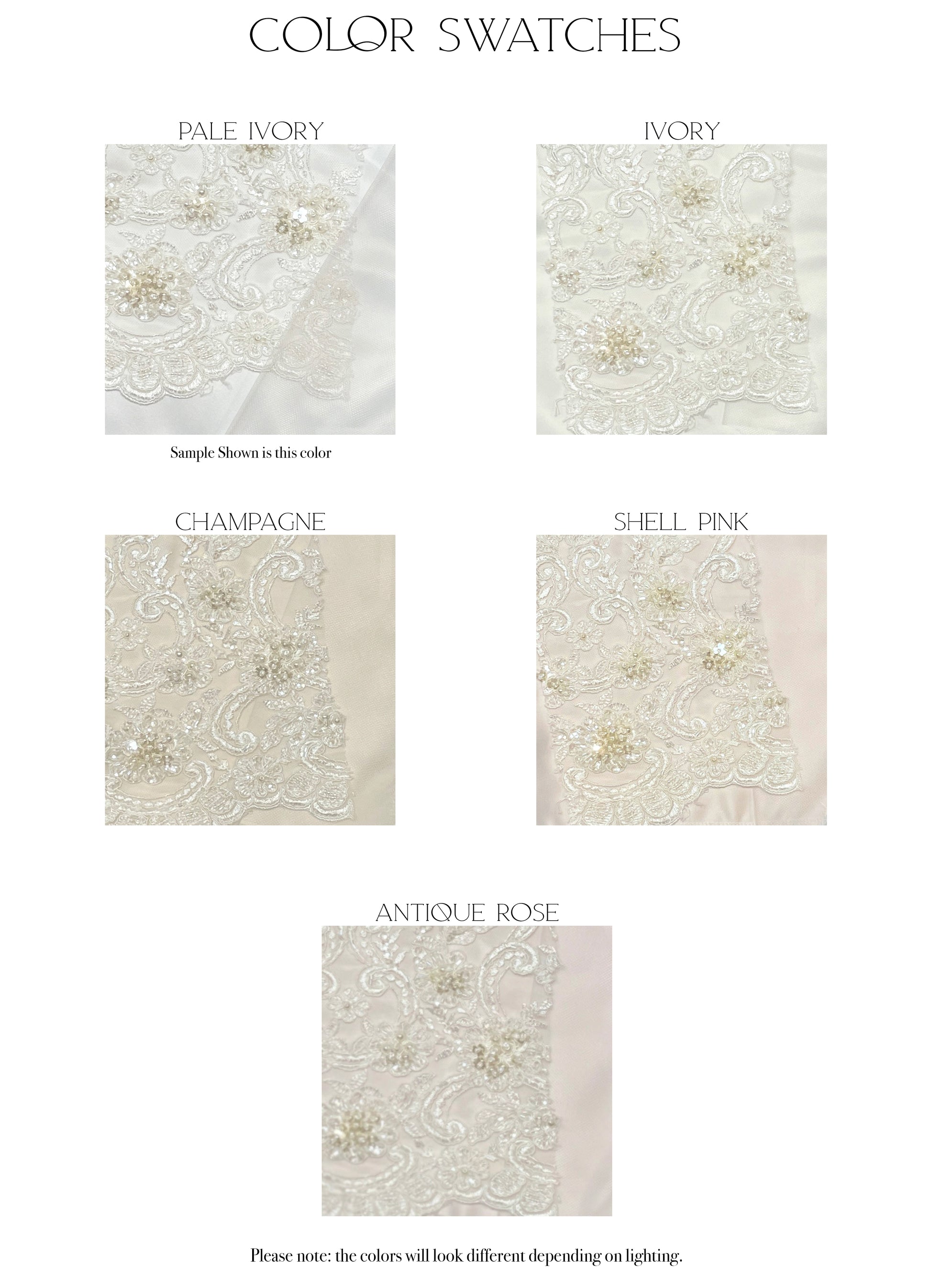 Fabric swatches of the five color options for the Kennsington gown, pale ivory, ivory, champagne, shell pink, and antique rose.