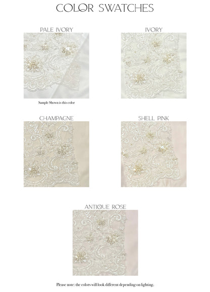 Fabric swatches of the five color options for the Kennsington gown, pale ivory, ivory, champagne, shell pink, and antique rose.