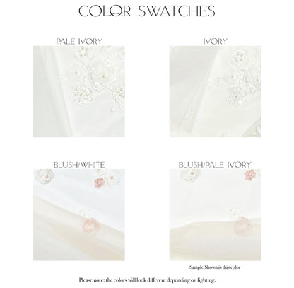 Fabric swatches of the four color options (pale ivory, ivory, Blush/white and Blush/pale ivory) for the lydia gown in crepe.
