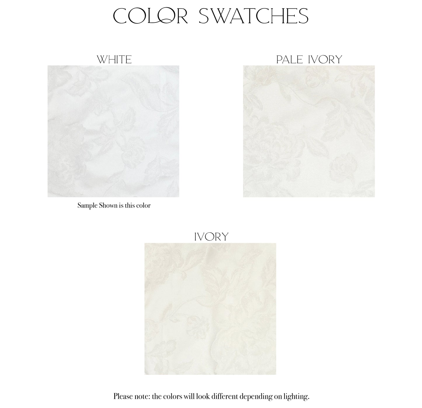 Fabric swatches of the three color options, white, pale ivory, and ivory, for the Madison gown.
