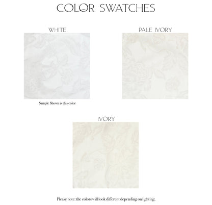 Fabric swatches of the three color options, white, pale ivory, and ivory, for the Madison gown.
