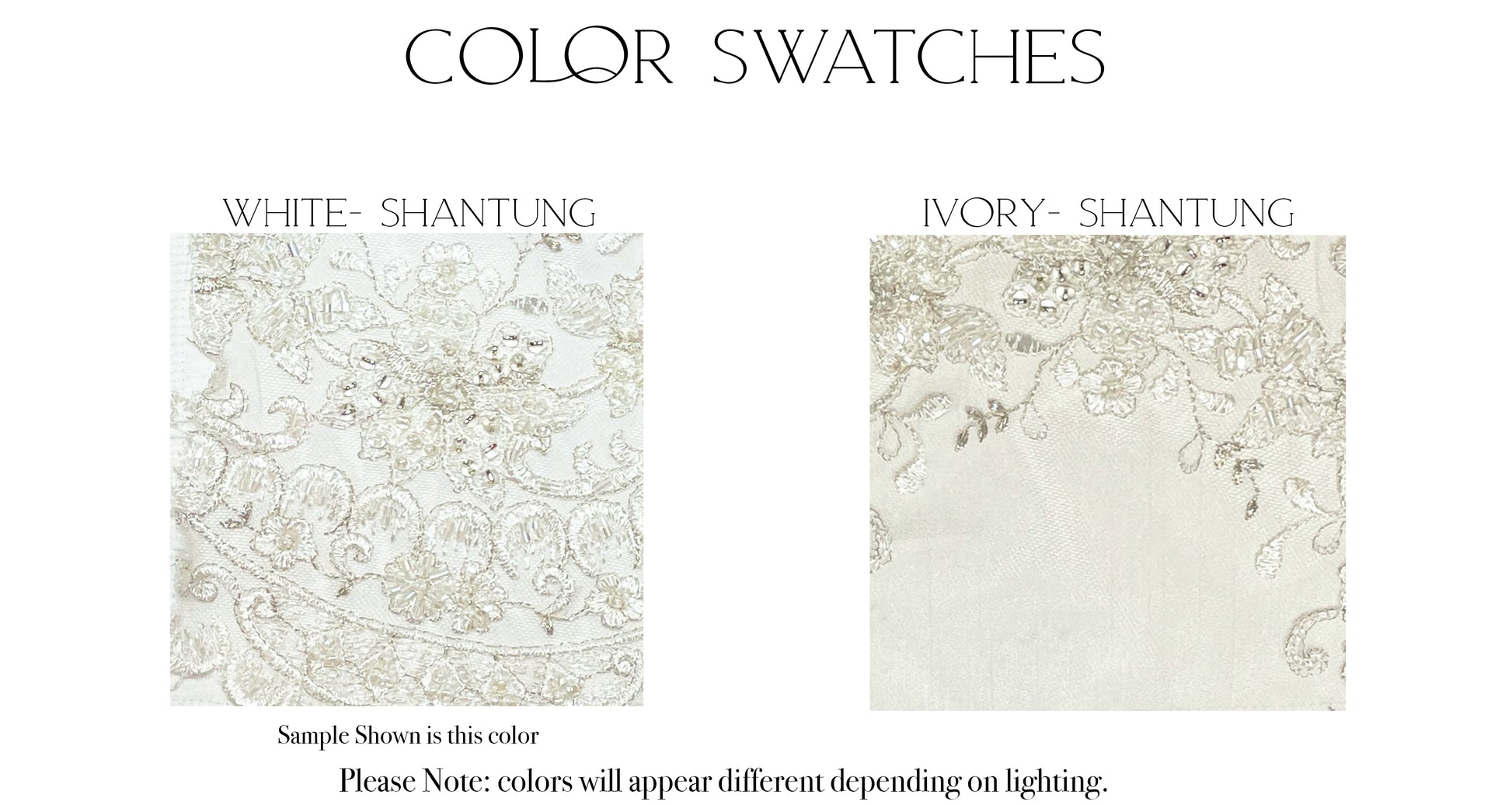 Fabric swatches of the two color options, ivory and White, for the Mia gown.