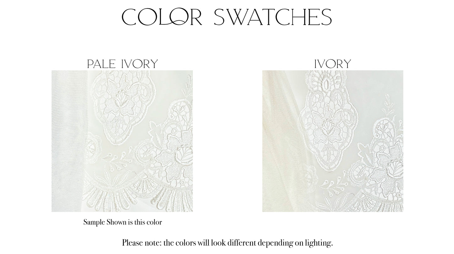 color swatches of the nerissa emrboidered chiffon, tulle and satin in the two different color options