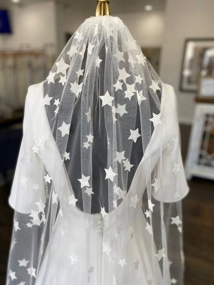 Nova star veil in cathedral length paired with a simple vintage wedding gown