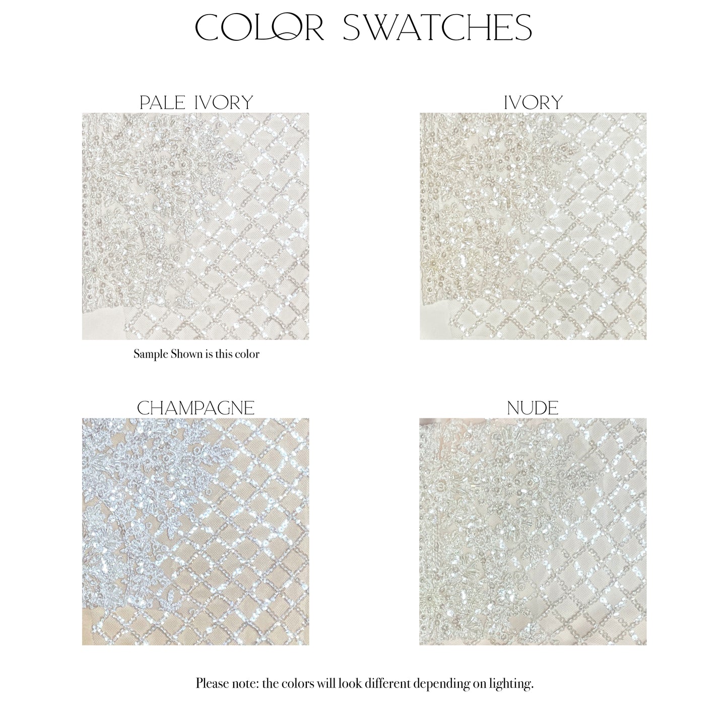 Fabric swatches of the four color options, Pale ivory, Ivory, Champagne, and nude, for the Parker gown.