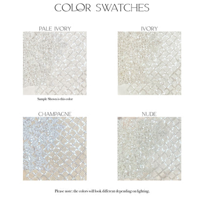 Fabric swatches of the four color options, Pale ivory, Ivory, Champagne, and nude, for the Parker gown.
