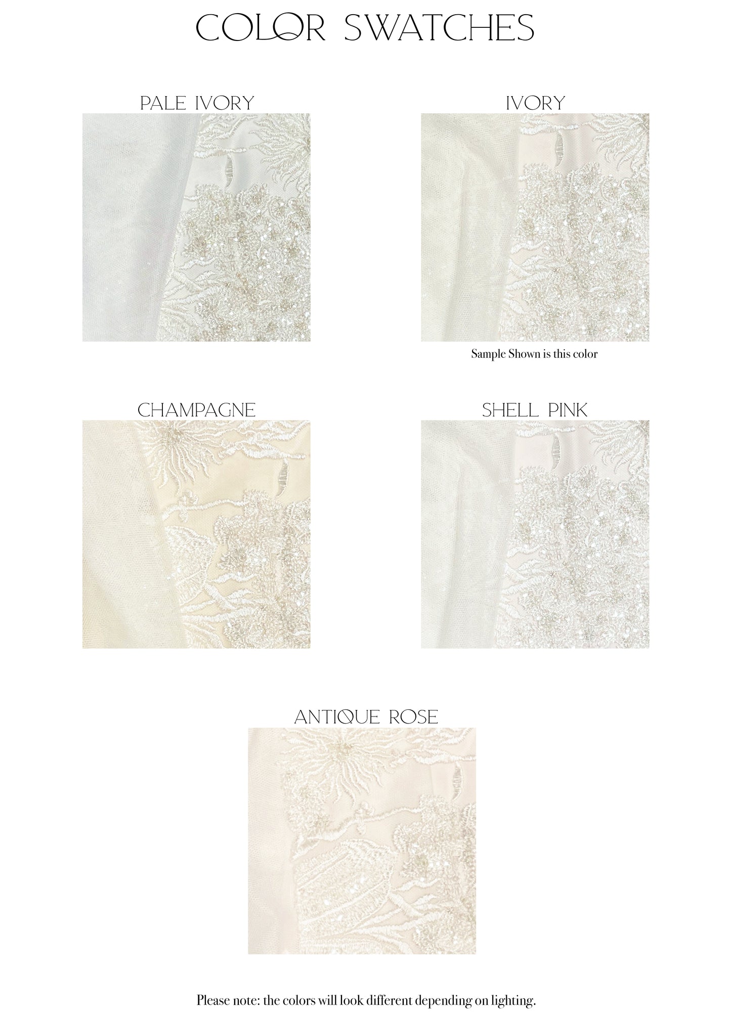 Fabric swatches of the five color options for the Poppy gown, Pale Ivory, Ivory, Champagne, Shell Pink, and Antique Rose.