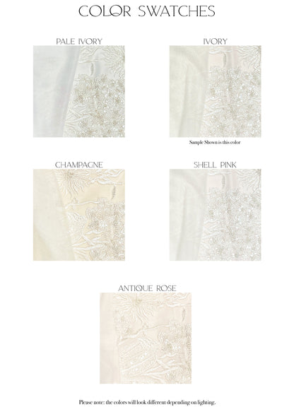 Fabric swatches of the five color options for the Poppy gown, Pale Ivory, Ivory, Champagne, Shell Pink, and Antique Rose.
