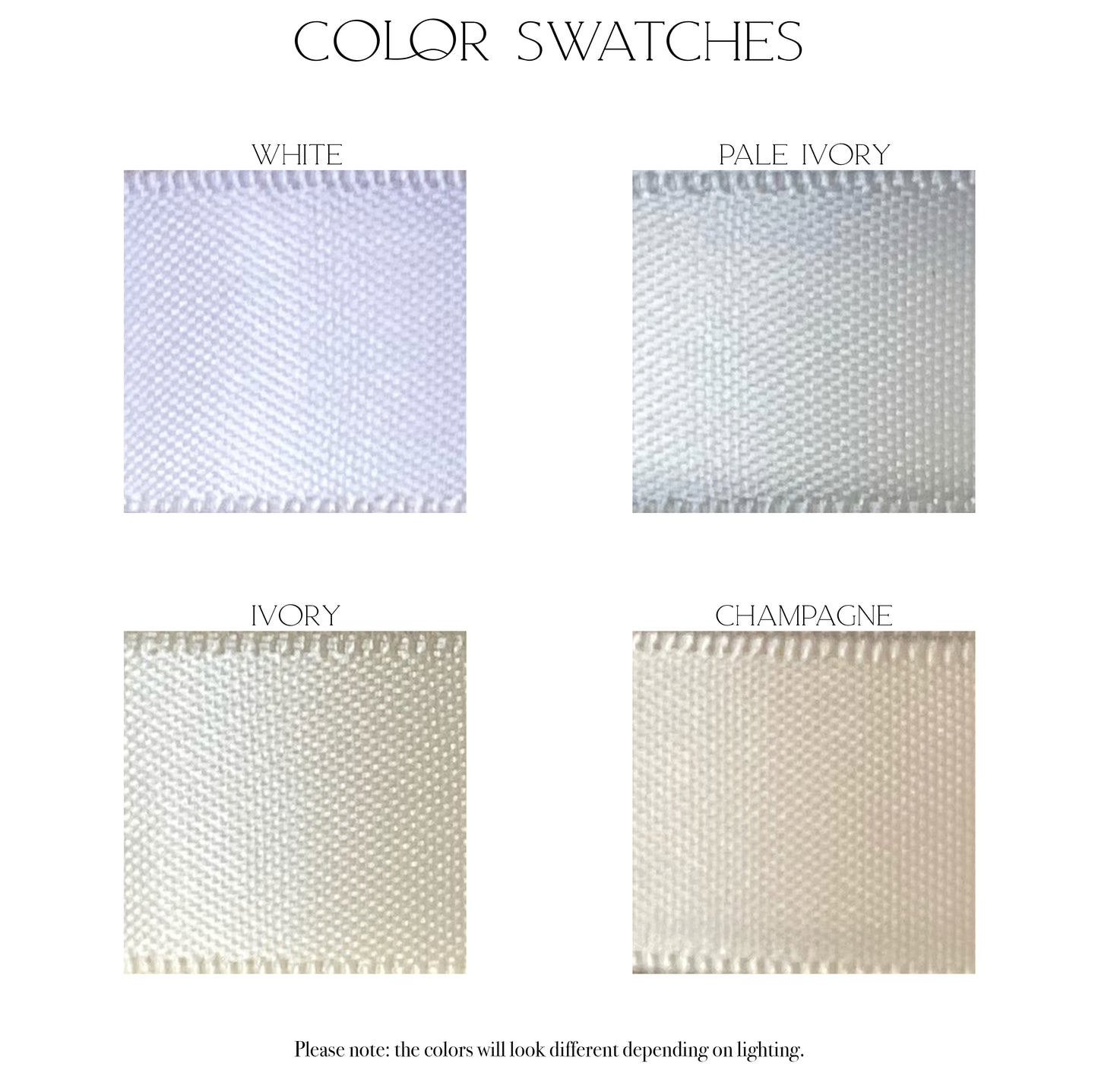 Ribbon swatches of the Four color options for the ribbon bridal belts & veils, White, Pale Ivory, Ivory, and champagne. 