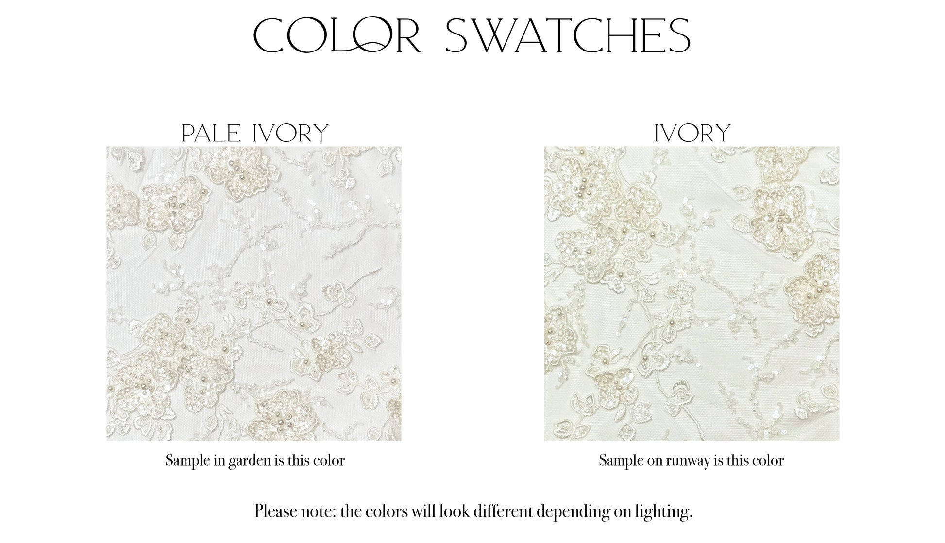 Fabric swatches of the two color options, ivory and pale ivory, for the Sabina gown. 