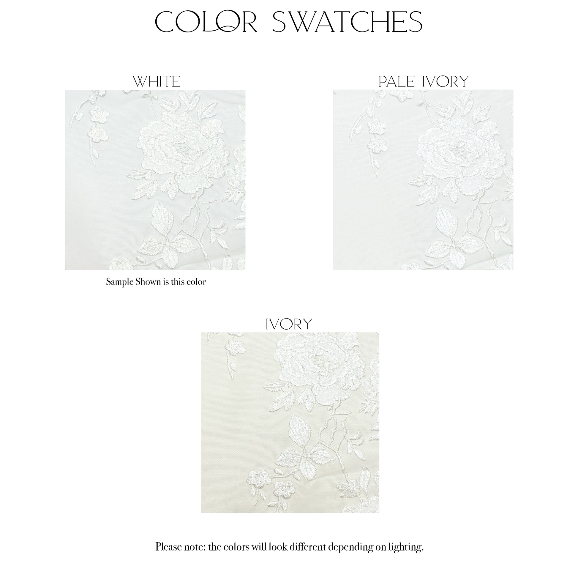Fabric swatches of the three color options for the Violet gown, white, pale  ivory and ivory. 