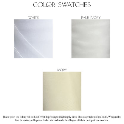 Fabric swatches of the three medium weight tulle color options: White, pale ivory and ivory. Please note the colors look different dpending on lighting and these are photos of the bolts. (hundreds of layers) 