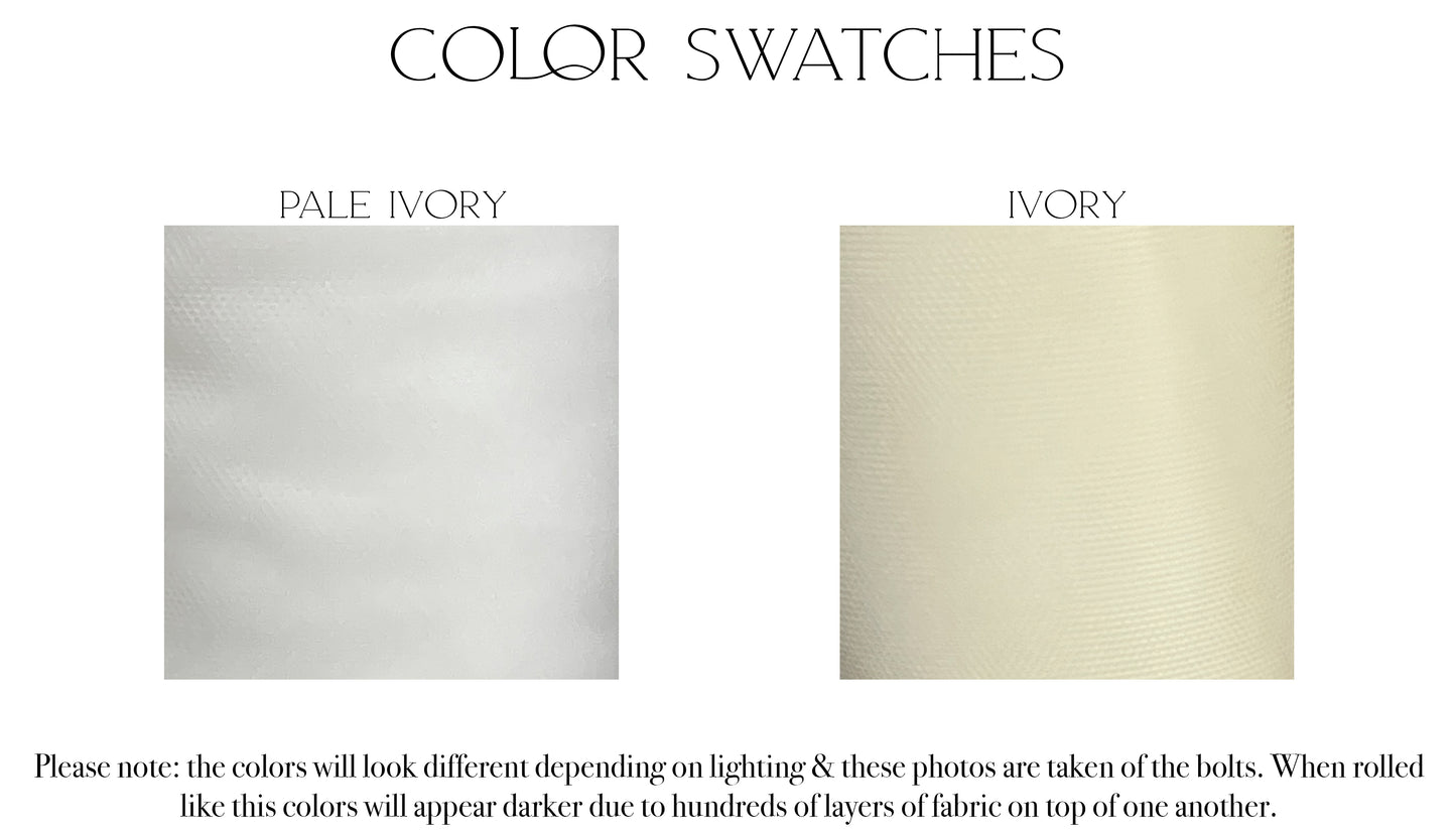Fabric swatches of the two color options for the ireland veil tulle, ivory and pale ivory. 