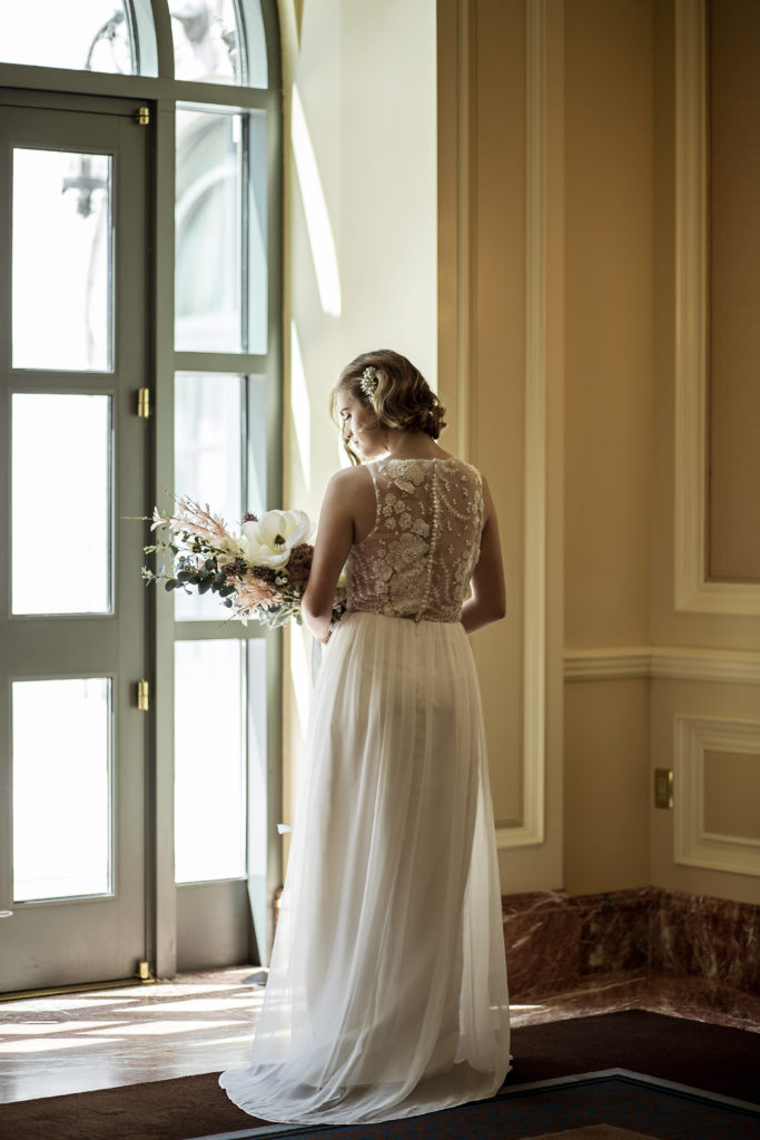 draped chiffon wedding dress floral wedding dress, wedding dress slit, bridal gown pearls, pearl beaded, gathered chiffon aline