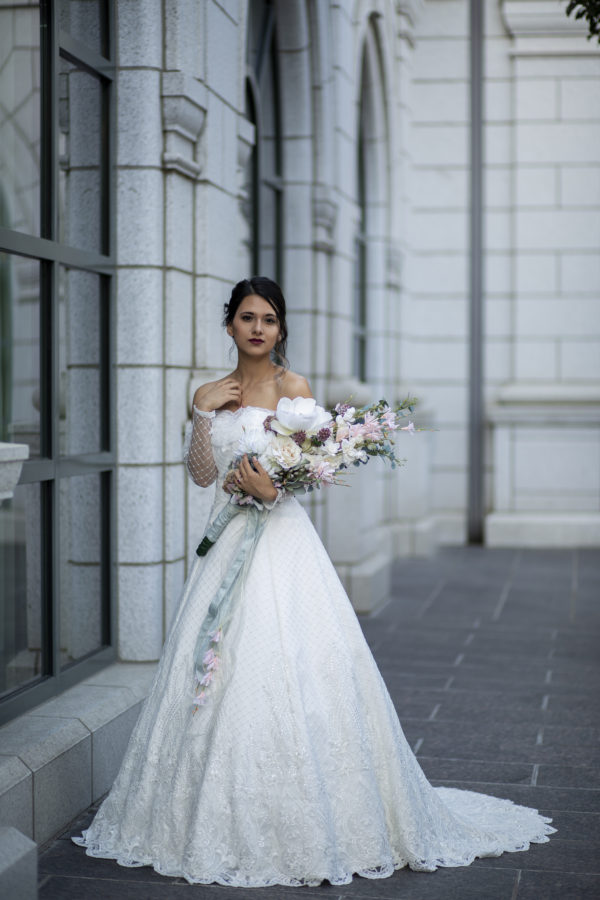 embroidered wedding dress, detailed wedding dress, bardot wedding gown, long lace sleeves, bridal gown bardot