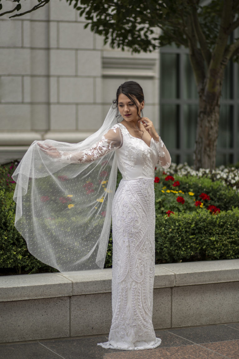 Beaded Long Sleeve Wedding Dresses Feather High Slit Stunning Bridal D –  SELINADRESS