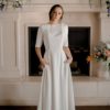 satin scoop back dress, satin dress with sleeves, sleeves with buttons, full satin wedding dress, modest satin dress,