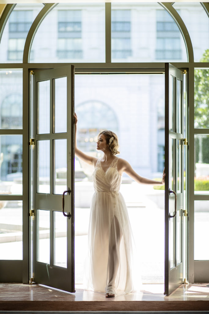 draped chiffon wedding dress floral wedding dress, wedding dress slit, bridal gown pearls, pearl beaded, gathered chiffon aline