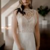 Lace scallop dress, soft tulle skirt, lace bodice dress, bridal buttons down the back dress, tulle neck,