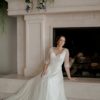 a line wedding gowns, a line dress with sleeves, wedding dress with sleeves, modest lace wedding dress, tulle skirt dress, flat lace bodice dress,