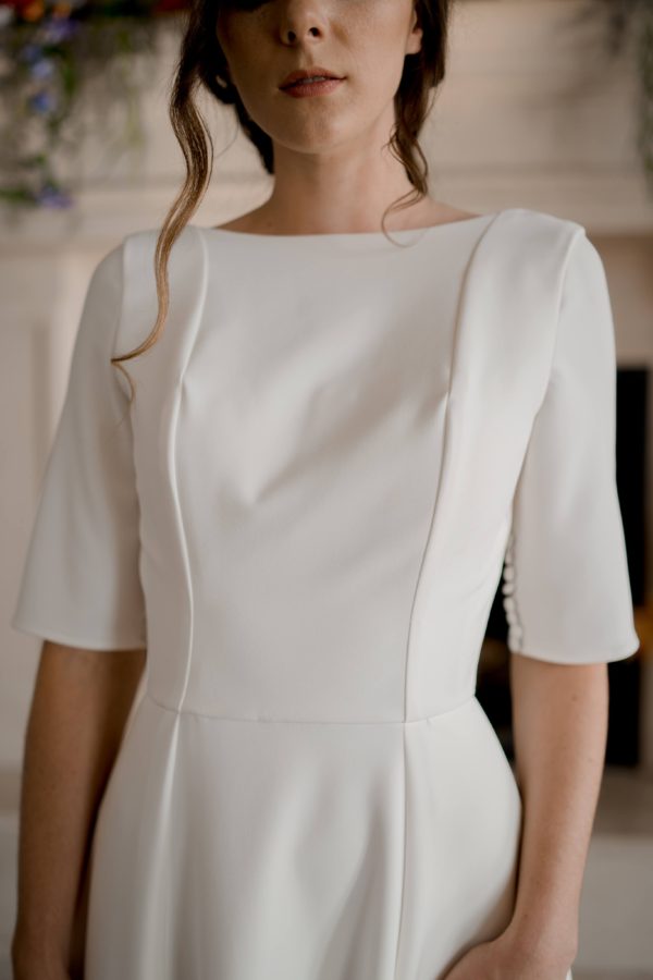 stretch wedding dress satin scoop back dress, satin dress with sleeves, sleeves with buttons, full satin wedding dress, modest satin dress,