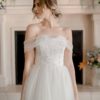 Strapless ballgown, glimmer tulle skirt, flat lace floral bodice, buttons on back wedding dress, beautiful detailed bodice,