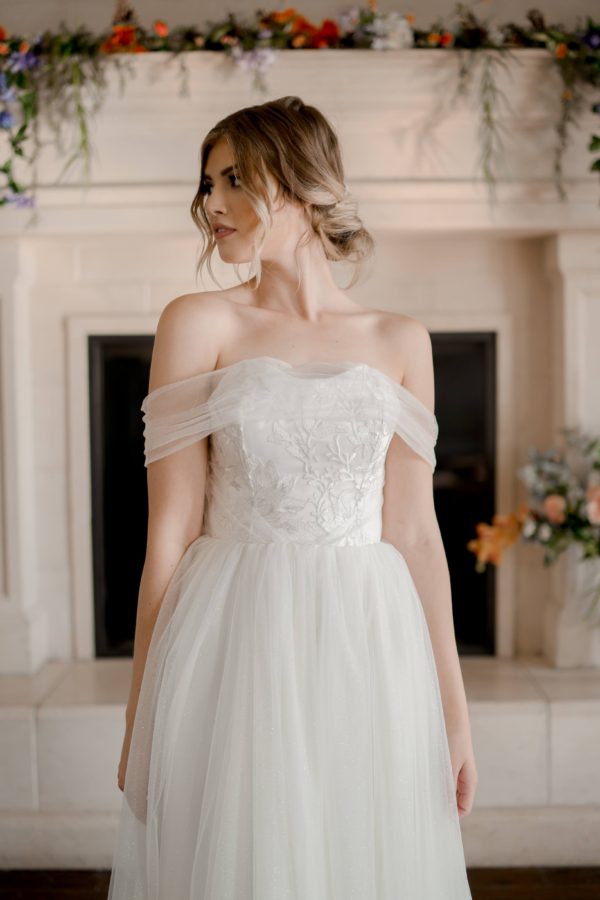 Strapless ballgown, glimmer tulle skirt, flat lace floral bodice, buttons on back wedding dress, beautiful detailed bodice,