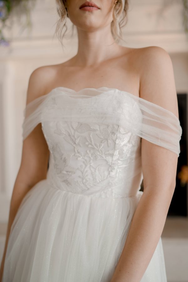 Strapless ballgown, glimmer tulle skirt, flat lace floral bodice, buttons on back wedding dress, beautiful detailed bodice,