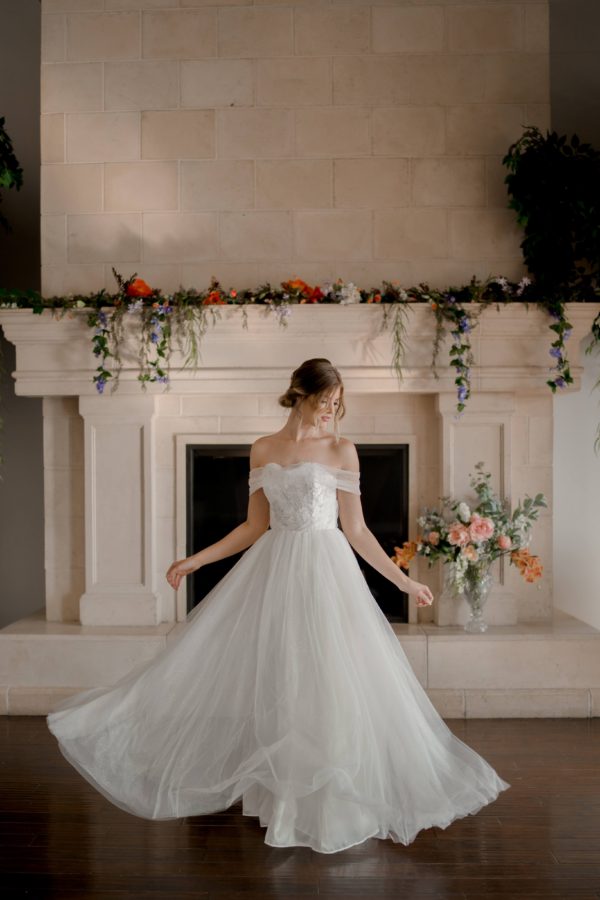 Strapless ballgown, glimmer tulle skirt, flat lace floral bodice, buttons on back wedding dress, beautiful detailed bodice,