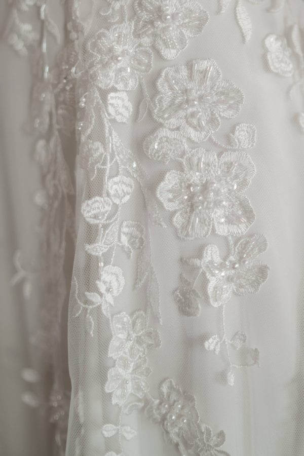 Beaded lace wedding dress, dress with pockets, back straps dress, spaghetti straps dress, beaded lace a line dress,