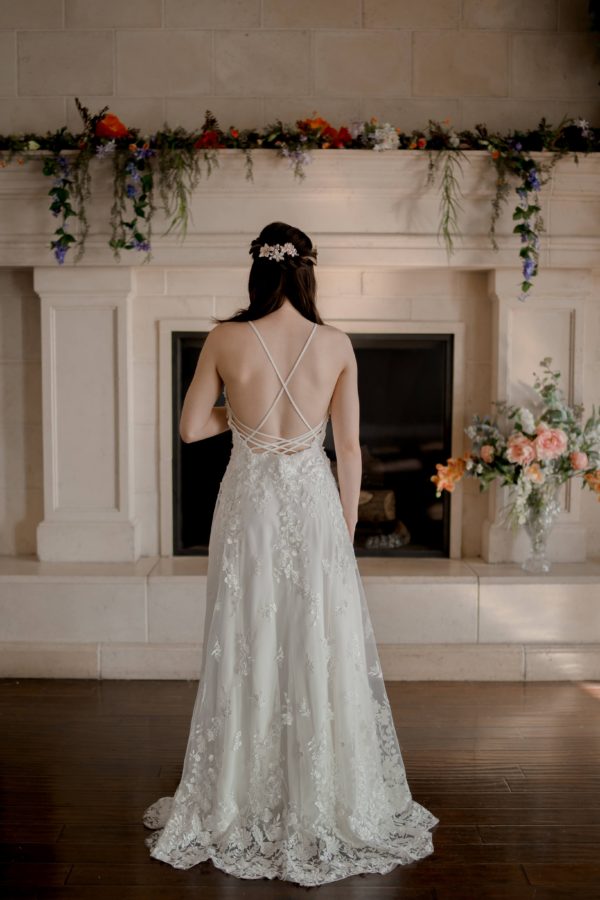 Beaded lace wedding dress, dress with pockets, back straps dress, spaghetti straps dress, beaded lace a line dress,