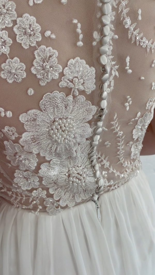 floral wedding dress, wedding dress slit, bridal gown pearls, pearl beaded, gathered chiffon aline