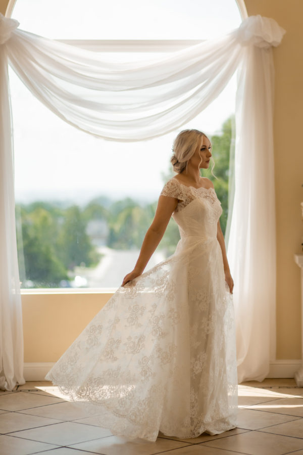 simple lace bridal dress, flat lace, off the shoulder straps, shimmery, crepe and lace