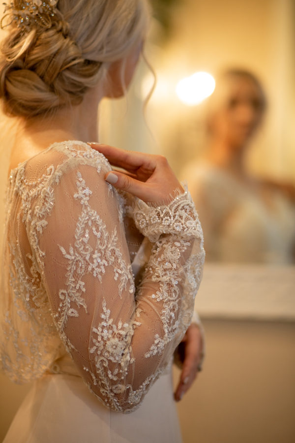 detailed lace bridal gown, lace sleeved bridal gown, lace with beaded detail,