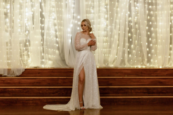 Glamorous Bridal Gown full sequined bridal gown, beaded tulle, dress with slit, sleeves with sequins, sparkly