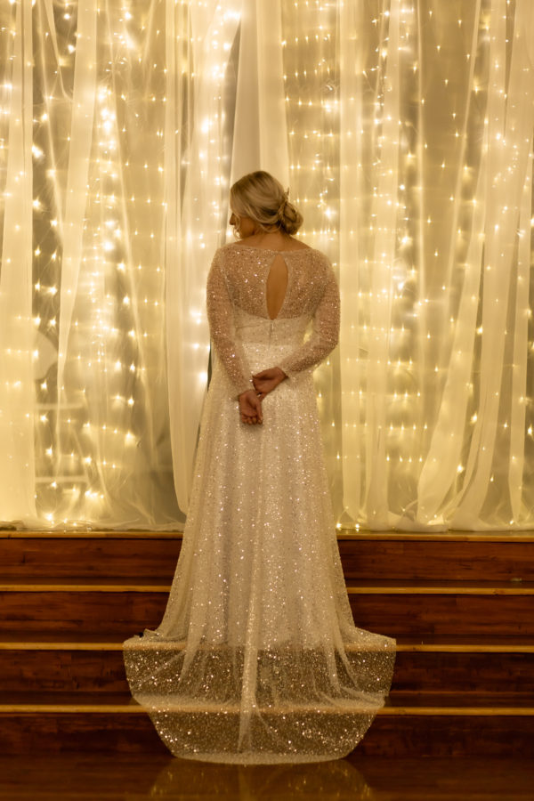 Glamorous Bridal Gown full sequined bridal gown, beaded tulle, dress with slit, sleeves with sequins, sparkly