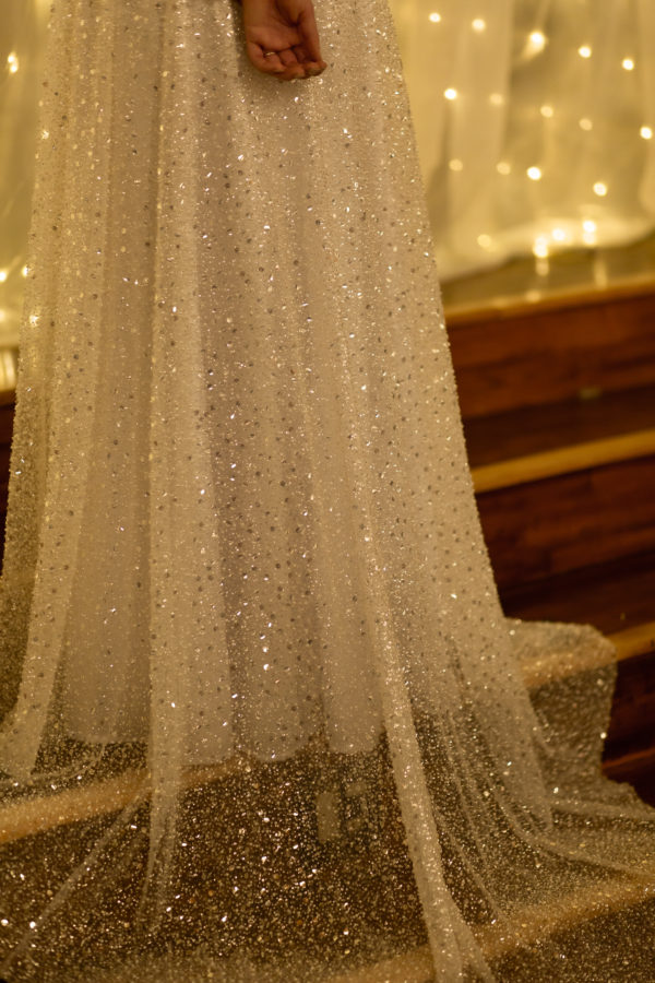 Glamorous Bridal Gown full sequined bridal gown, beaded tulle, dress with slit, sleeves with sequins, sparkly